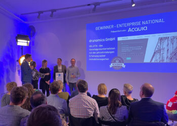 Splash Awards Preisträger drunomics in der Kategorie Enterprise National, Personen: v.l.n.r Philipp Pägler (P-Moderation), Agnes Lind (Acquia), Eleonora Bergqvist Lööw (Acquia), Oliver Berndt (drunomics), Wolfgang Ziegler (drunomics) © Jonas Neugebauer (Splash Awards/Drupal Business Deutschland e.V.)