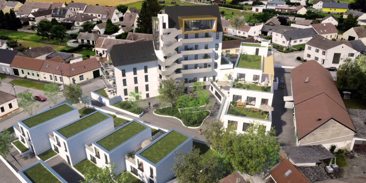 BILD zu OTS - Direkt im Ortszentrum von Bernhardsthal entstehen 24 moderne Wohnungen, ergnzt durch vier Reihenhuser mit begrnten Flachdchern sowie zustzliche Gewerbeflchen und Bros.