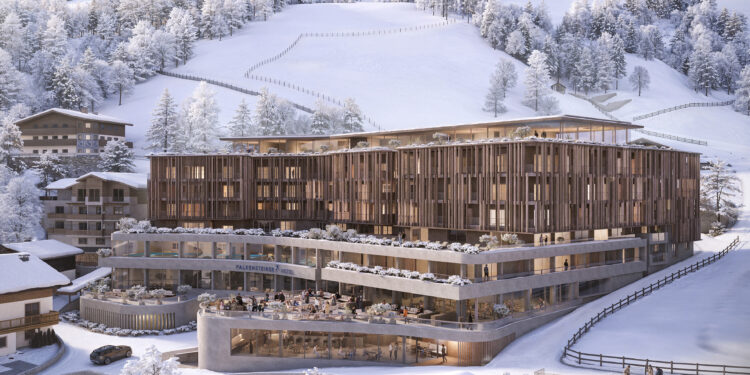 Das Alpin Palace in Saalbach-Hinterglemm wird zu einem Falkensteiner Hotel umgebaut. Es soll 2026 eröffnen. Visualisierung: © RVS/BWM