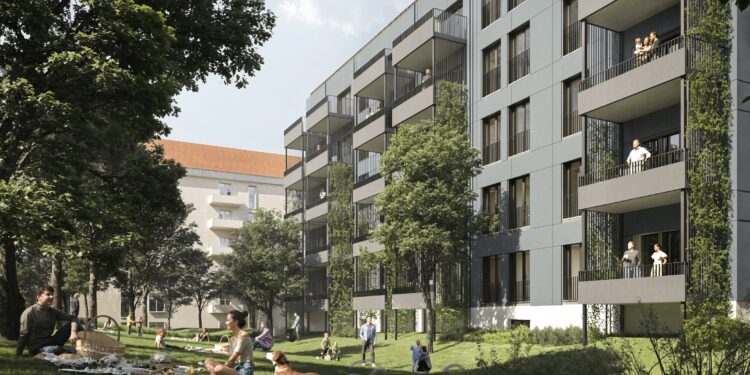 Gropyus startet in Berlin ein Mehrfamilienhaus in serieller Holzbauweise. Visualisierung: Gropyus AG