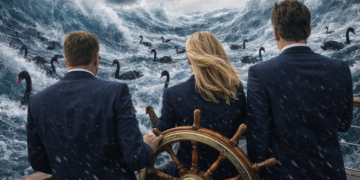 Die See ist für die Immobilienwirtschaft rau, aber das Schiff lässt sich nur mit den Händen am Steuerrad sicher manövrieren. Bild: Dall.E/OpenAI