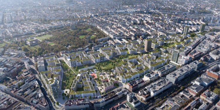 Laut einer AIT-Studie soll die grüne Mitte im Stadtquartier Nordwestbahnhof das umliegende Grätzel abkühlen. Bild: ÖBB Redl